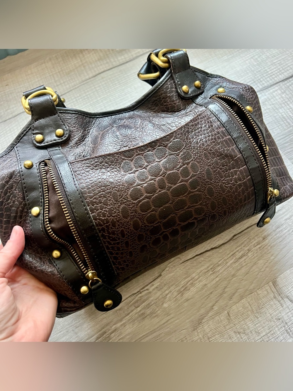 Great American Leatherworks Satchel Shoulder Bag Croc Embossed Brown Black - Picture 7 of 12
